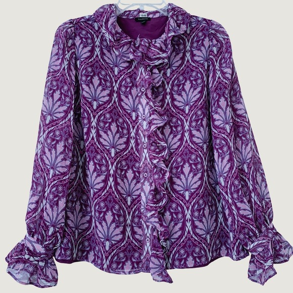 Talbots Tops - Talbots Blouse Women L Purple Floral Ruffle Neck Long Sleeve Button Front Top